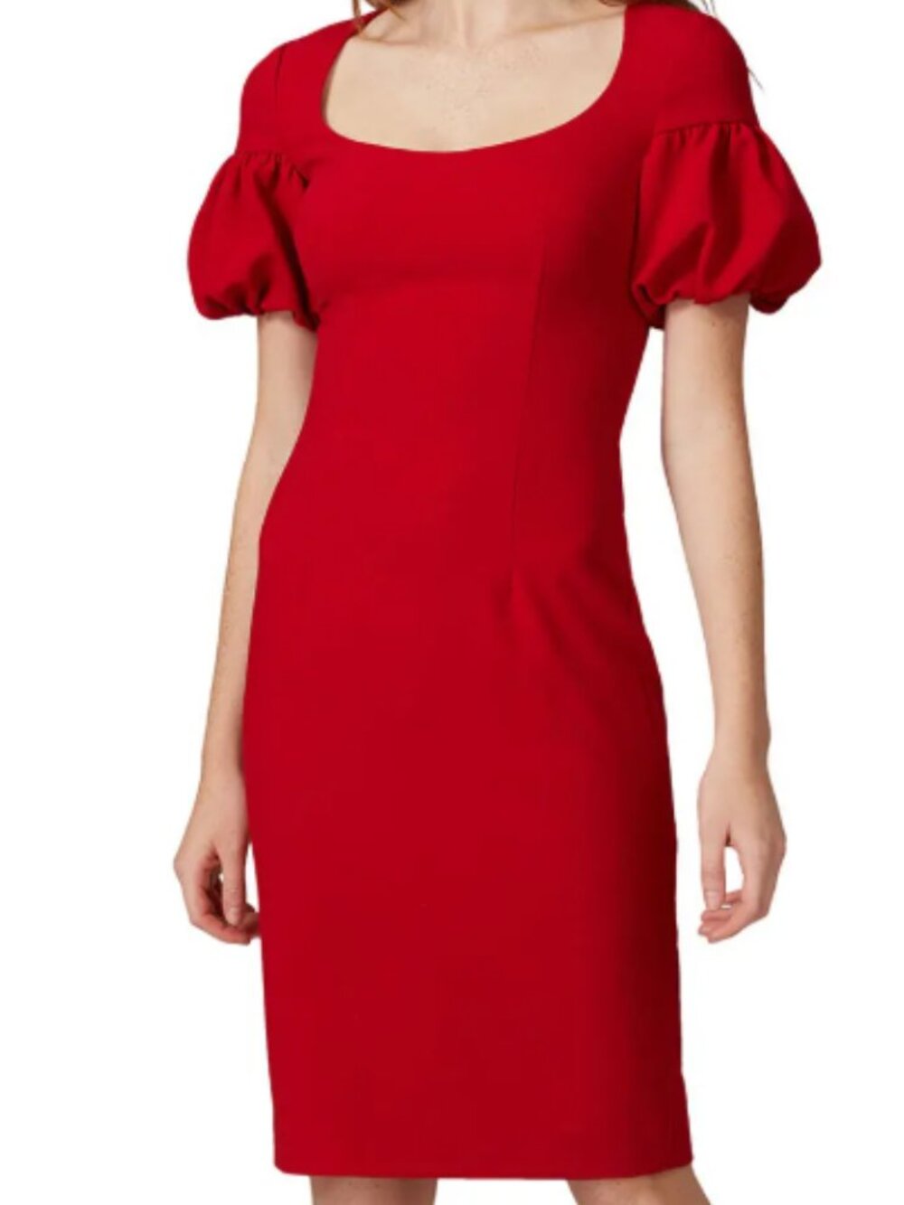 Black Halo Kasper Cocktail Sheath Midi Dress 8 Red Puff Sleeve knee workd